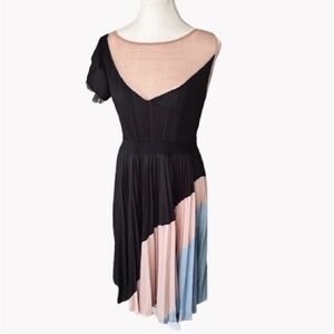 BCBGMAXAZRIA Ciara Accordion Pleated Beige Blue Black Dress Illusion Sheer